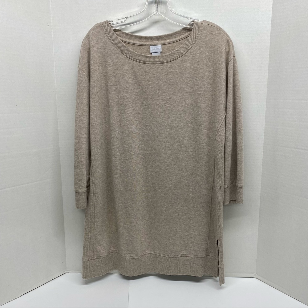 Chicos Zenergy Womens Tunic Top Ribbed Trim Size 1=8-10 Crew Neck Beige Relaxed